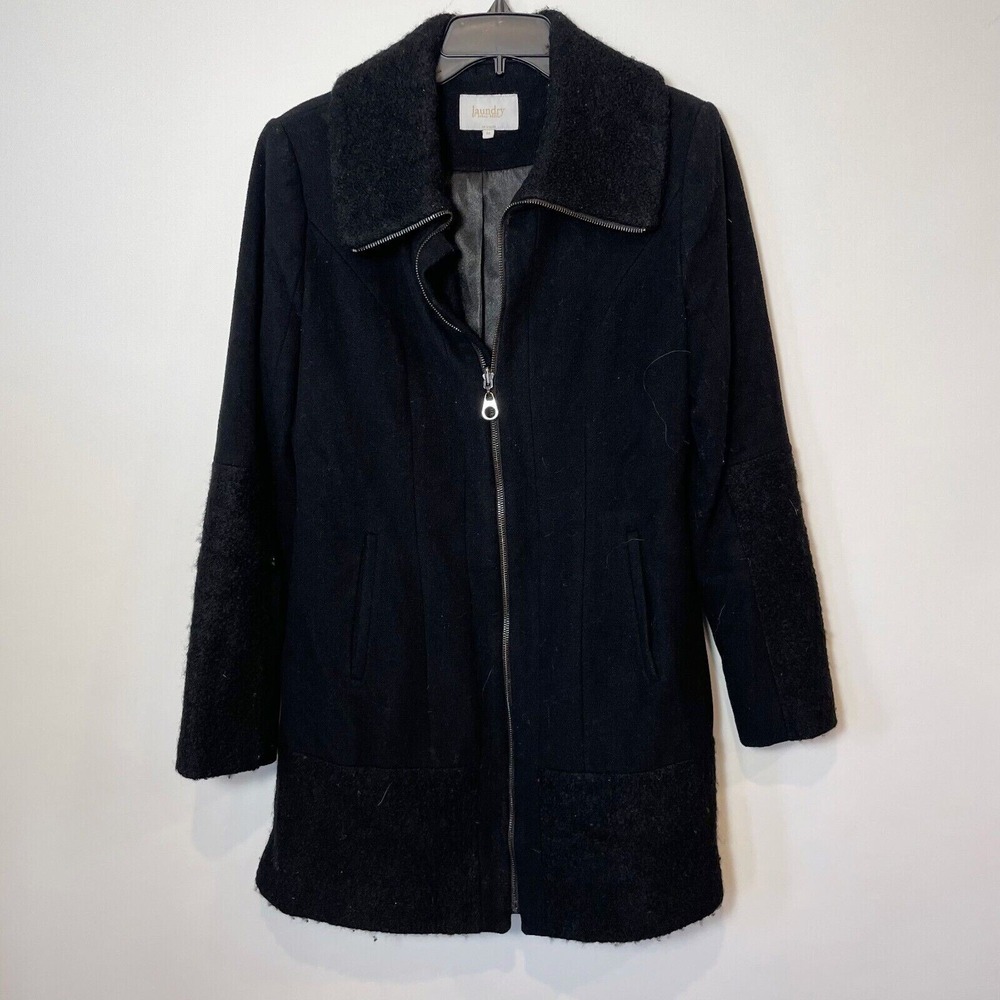 Laundry by Shelli Segal Pea Coat Full Zip Womens M Black Wool Blend Lined Collar